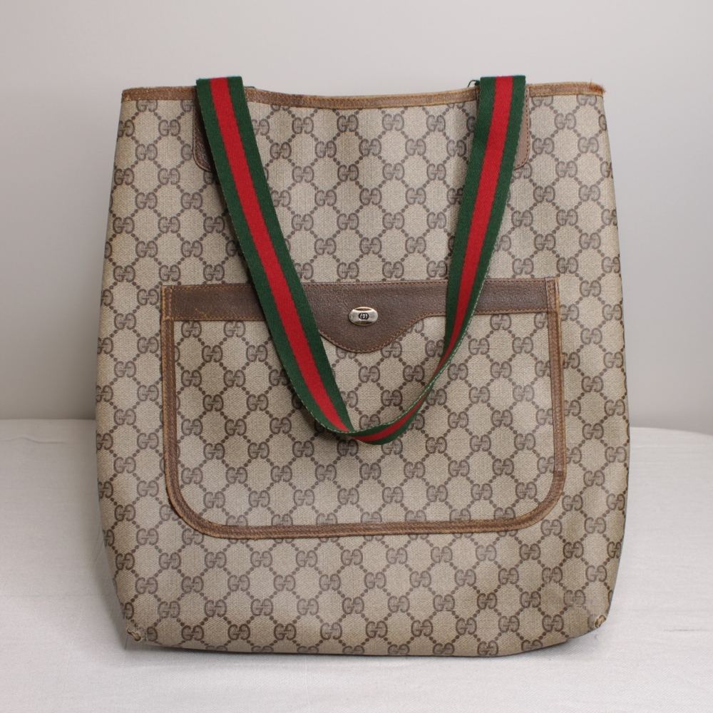 Gucci Sherry Monogram Tote with Green and Red Straps